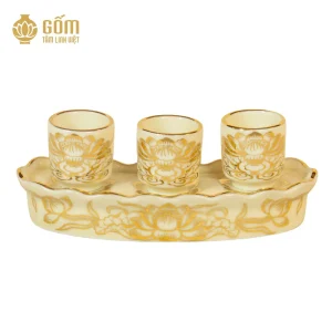 hình ảnh Bộ kỷ cong 3 chén men ngọc trai vẽ vàng 24K đẹp