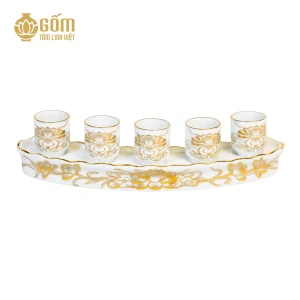 Bộ kỷ cong 5 chén men bạch ngọc vẽ vàng 24K