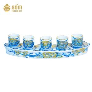 Bộ kỷ cong 5 chén men chàm kim vẽ vàng 24K