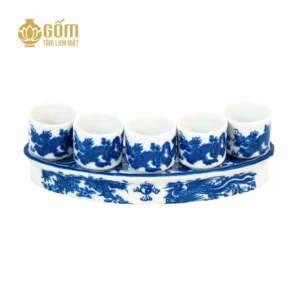 Bộ kỷ cong 5 chén men lam chàm cổ