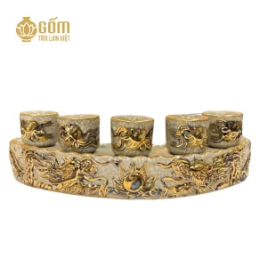 Hình ảnh Bộ kỷ cong 5 chén men rạn vẽ vàng họa tiết rồng đắp nổi