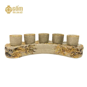 Hình ảnh Bộ kỷ cong 5 chén men rạn vẽ vàng họa tiết rồng đắp nổi