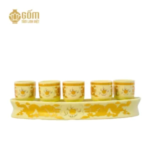 Bộ kỷ cong 5 chén men vàng tài lộc Bát Tràng