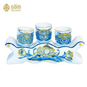 Bộ kỷ ngai 3 chén men chàm kim vẽ vàng 24K