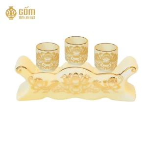 hình ảnh Bộ kỷ ngai 3 chén men ngọc trai vẽ vàng 24K cao cấp