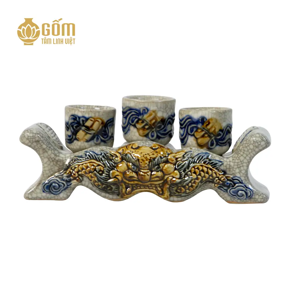 Hình ảnh Bộ kỷ ngai 3 chén men rạn họa tiết rồng