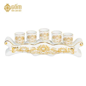 Bộ kỷ ngai 5 chén men bạch ngọc vẽ vàng 24K