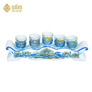 Bộ kỷ ngai 5 chén men chàm kim vẽ vàng 24K