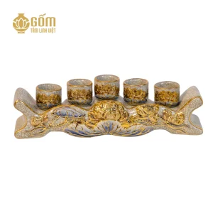Hình ảnh Bộ kỷ ngai 5 chén men rạn vẽ vàng họa tiết hoa sen đắp nổi