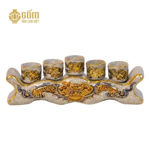 Hình ảnh Bộ kỷ ngai 5 chén men rạn vẽ vàng họa tiết rồng đắp nổi