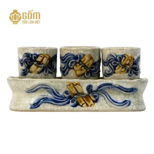 Hình ảnh Bộ kỷ thẳng 3 chén men rạn họa tiết cuốn thư