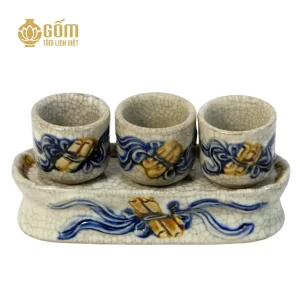 Hình ảnh Bộ kỷ thẳng 3 chén men rạn họa tiết cuốn thư