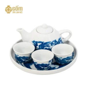 Bộ trà thờ 3 chén men lam chàm cổ