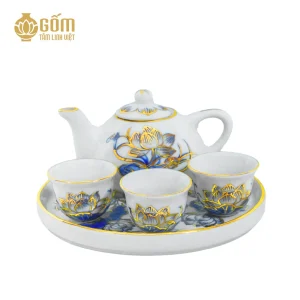 Bộ Trà Thờ 3 Chén Men Lam Vẽ Vàng Họa Tiết Hoa Sen