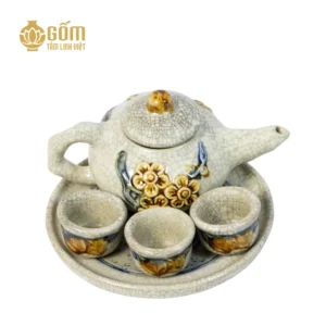 Bộ trà thờ 3 chén men rạn Bát Tràng