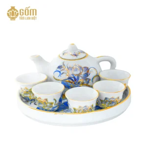 Hình ảnh Bộ trà thờ 5 chén men lam vẽ vàng họa tiết hoa sen