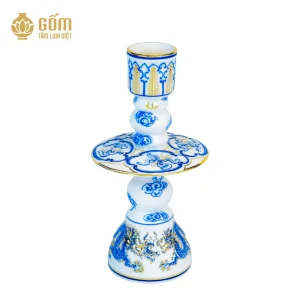 Chân đèn cầy 3 khấc men chàm kim vẽ vàng 24K