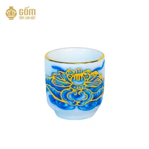 Chén kỷ lẻ men chàm kim vẽ vàng 24K