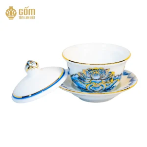 Chén tống thờ men chàm kim vẽ vàng 24K mở