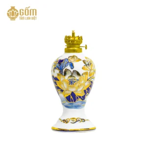 hình ảnh Đèn dầu thờ men lam vẽ vàng dáng tròn Bát Tràng chính hãng
