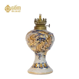 Hình ảnh Đèn dầu tròn men rạn vẽ vàng họa tiết rồng đắp nổi