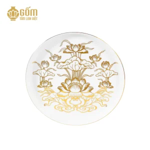 Đĩa trầu cau thờ men bạch ngọc vẽ vàng 24K