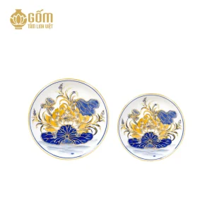 Hình ảnh Đĩa trầu cau thờ men lam vẽ vàng Bát Tràng