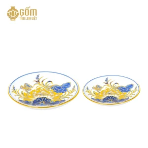 Hình ảnh Đĩa trầu cau thờ men lam vẽ vàng Bát Tràng