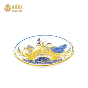Hình ảnh Đĩa trầu cau thờ men lam vẽ vàng Bát Tràng