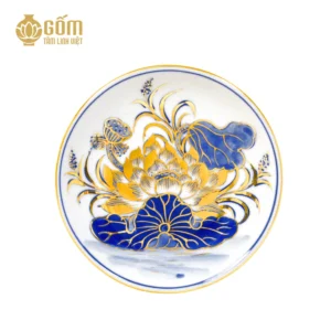 Hình ảnh Đĩa trầu cau thờ men lam vẽ vàng Bát Tràng