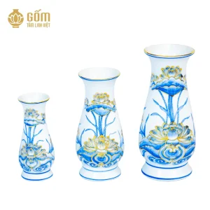 bộ 3 Lọ huệ men chàm kim vẽ vàng 24K