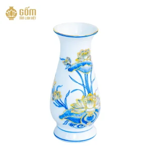 mặt cạnh của lọ huệ men chàm kim vẽ vàng 24K