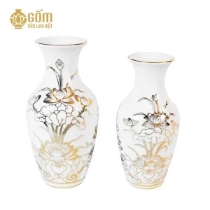 bộ 2 Lục bình thờ men bạch ngọc vẽ vàng 24K