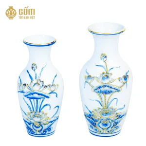 bộ 2 Lục bình thờ men chàm kim vẽ vàng 24K