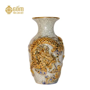 Hình ảnh Lục bình thờ men rạn vẽ vàng họa tiết rồng đắp nổi