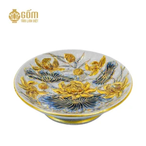 Hình ảnh Mâm bồng men rạn vẽ vàng họa tiết hoa sen đắp nổi