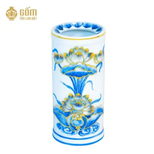 chính diện ống hương thờ men chàm kim vẽ vàng 24K